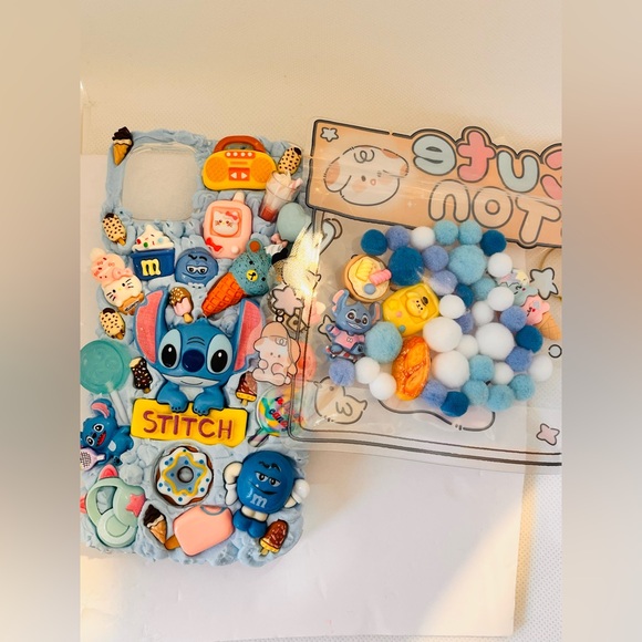 Handmade Stitch Blue Decoden custom Phone Case with Pastel Charms handmade - Picture 9 of 11